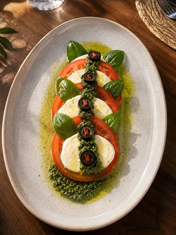 Ensalada caprese con pesto y aceitunas